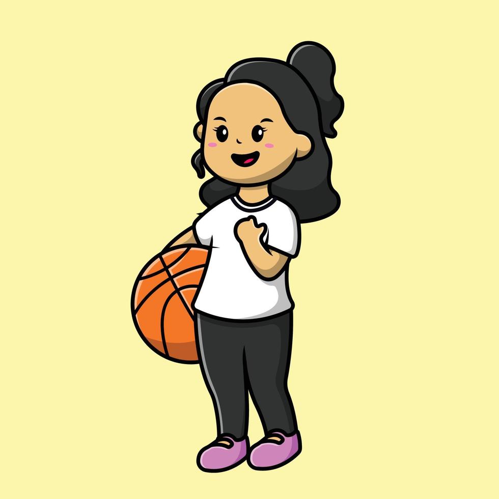 schattig meisje met basketbal cartoon vector pictogram illustratie. mensen sport pictogram concept geïsoleerde premium vector.