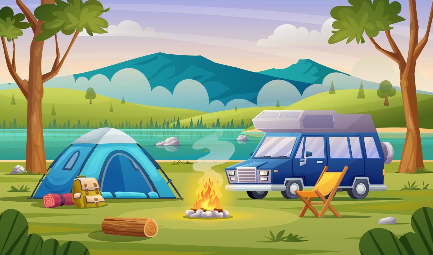 natuurkampconcept met tent, kampvuur, rugzak en busje. campinglandschap met illustratie van het uitzicht op de bergen en het meer vector