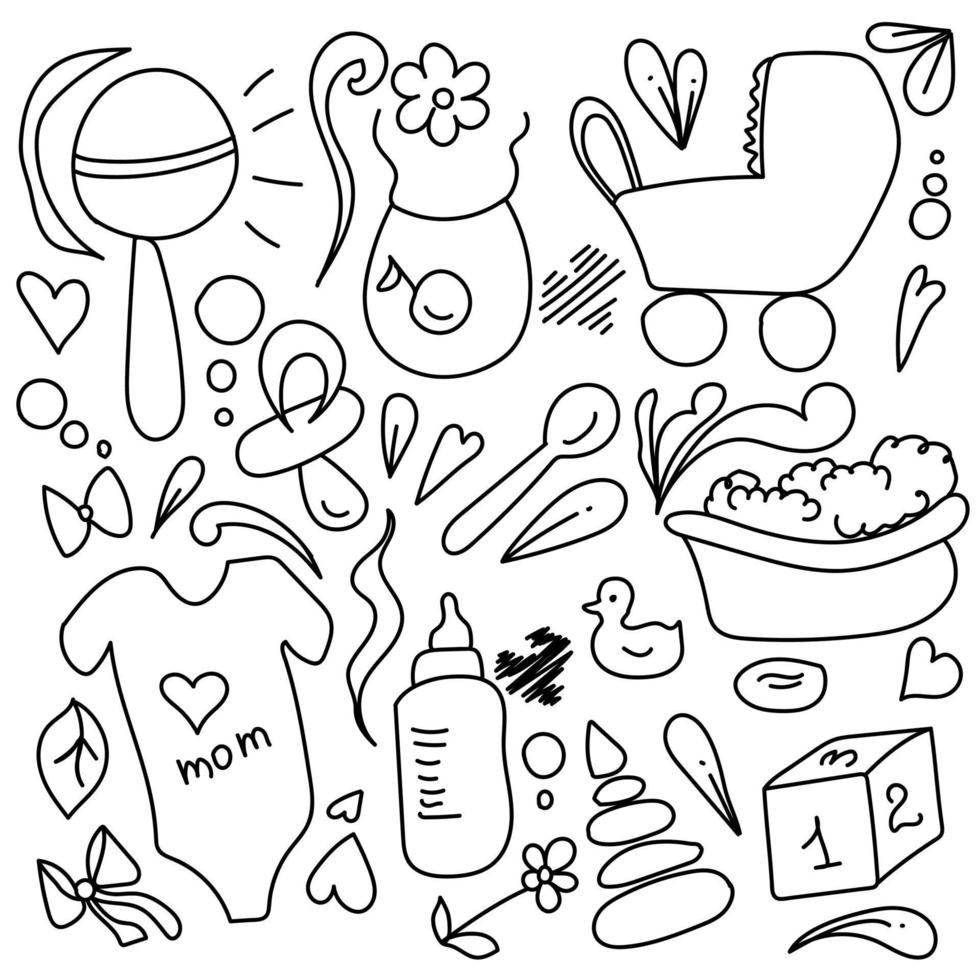 schattige doodle baby set schets illustratie met verschillende objecten vector