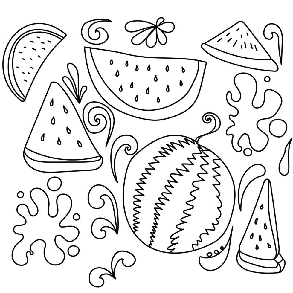 schattige doodle watermeloen set vectorillustratie vector