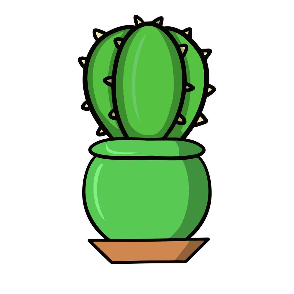 cartoon ronde groene stekelige cactus in een felgroene keramische pot, vectorillustratie op een witte achtergrond vector