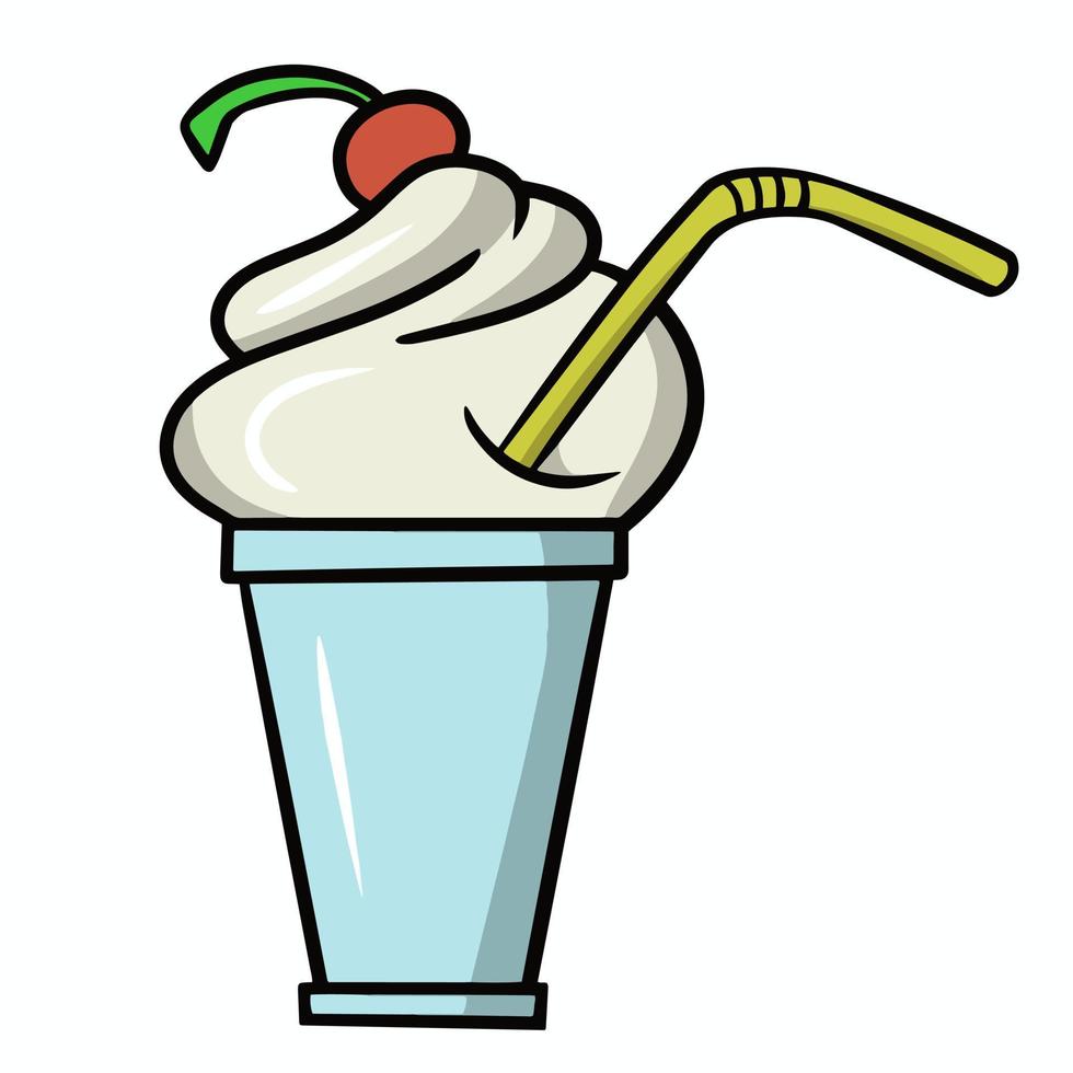 heerlijke milkshake met kersen, koud ijs in een kopje, cartoon vectorillustratie op een witte achtergrond vector