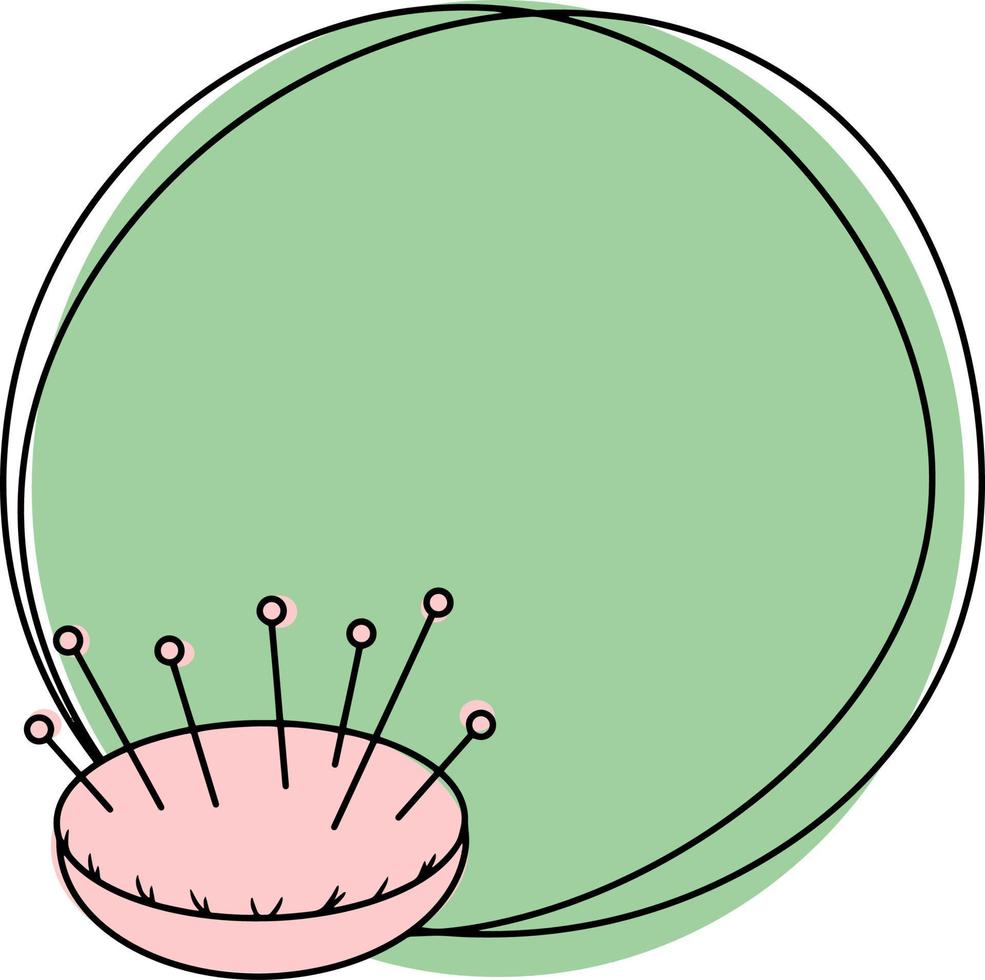 lichtgroen rond frame met een lege plaats voor invoeging, voor handwerk, roze kussen voor naalden, tekenen met één lijn, embleempictogram vector