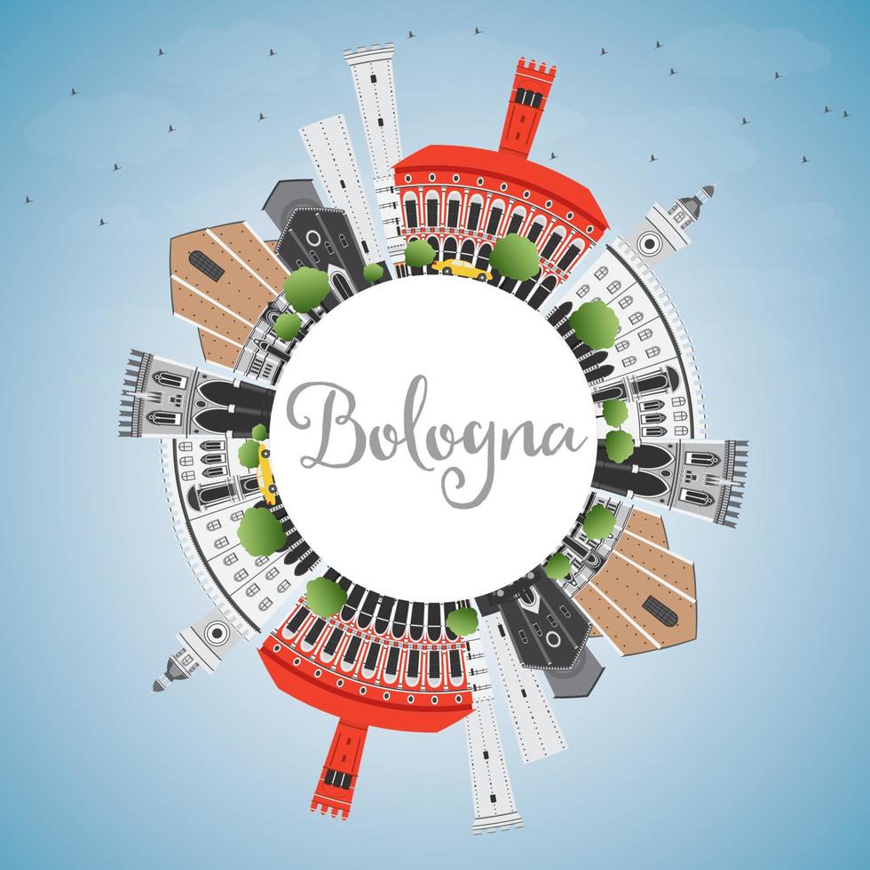 de skyline van bologna met bezienswaardigheden, blauwe lucht en kopieer ruimte. vector