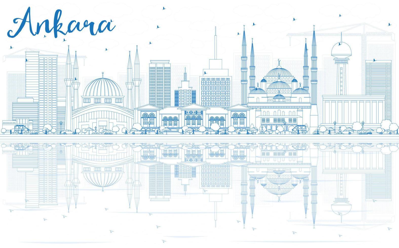 schets de skyline van ankara met blauwe gebouwen en reflecties. vector