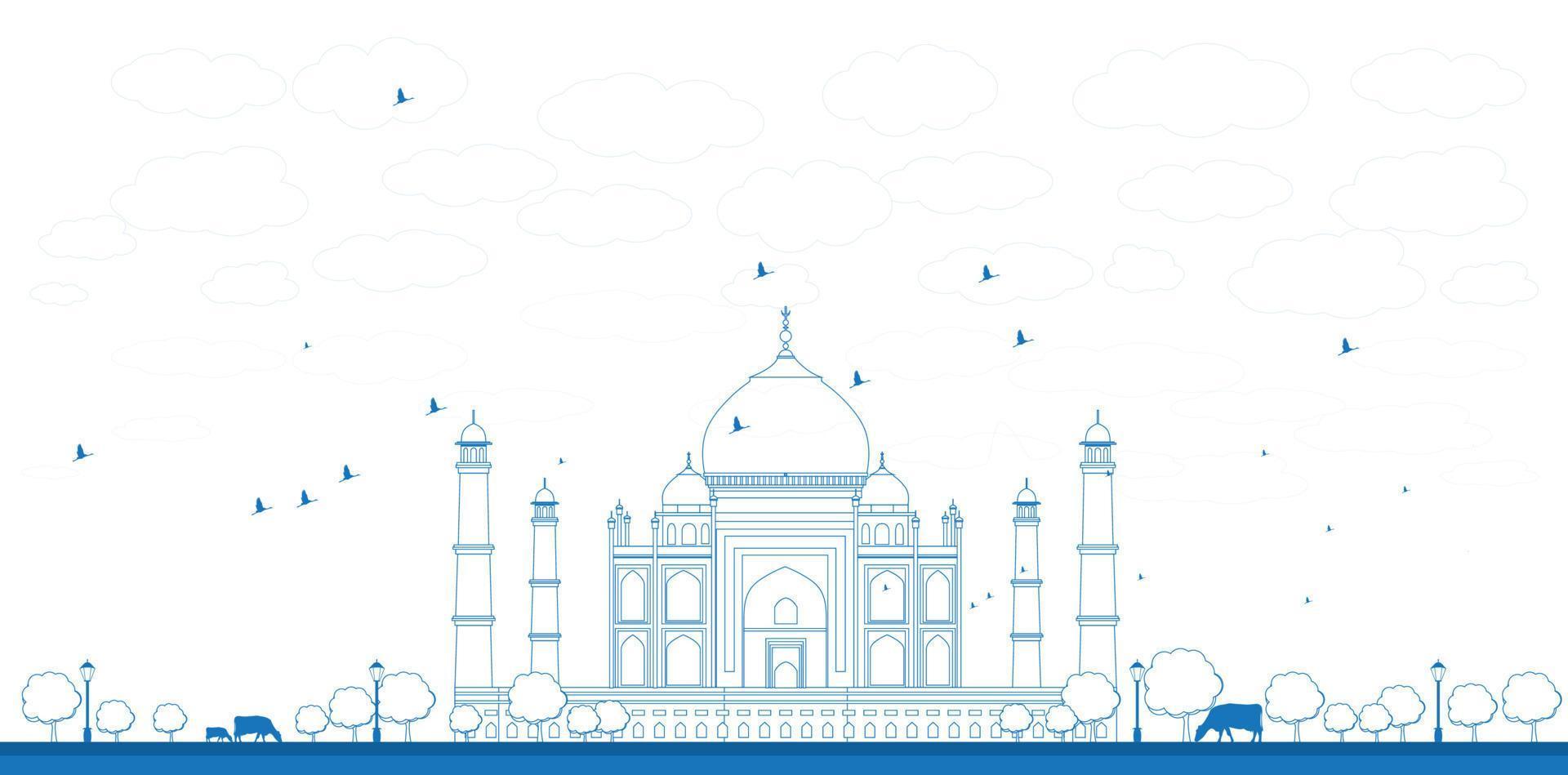 schets Taj Mahal met boom en koe. vooraanzicht vector