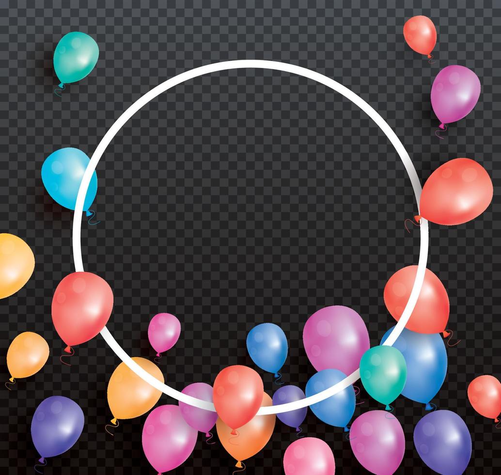 kerstkaart met vliegende ballonnen en wit cirkelframe. vector