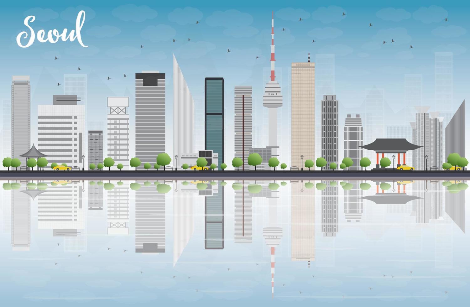 seoul skyline met grijs gebouw, blauwe lucht en reflecties. vector