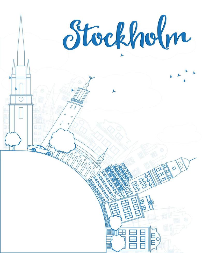 schets de skyline van Stockholm met blauwe gebouwen en kopieer ruimte vector