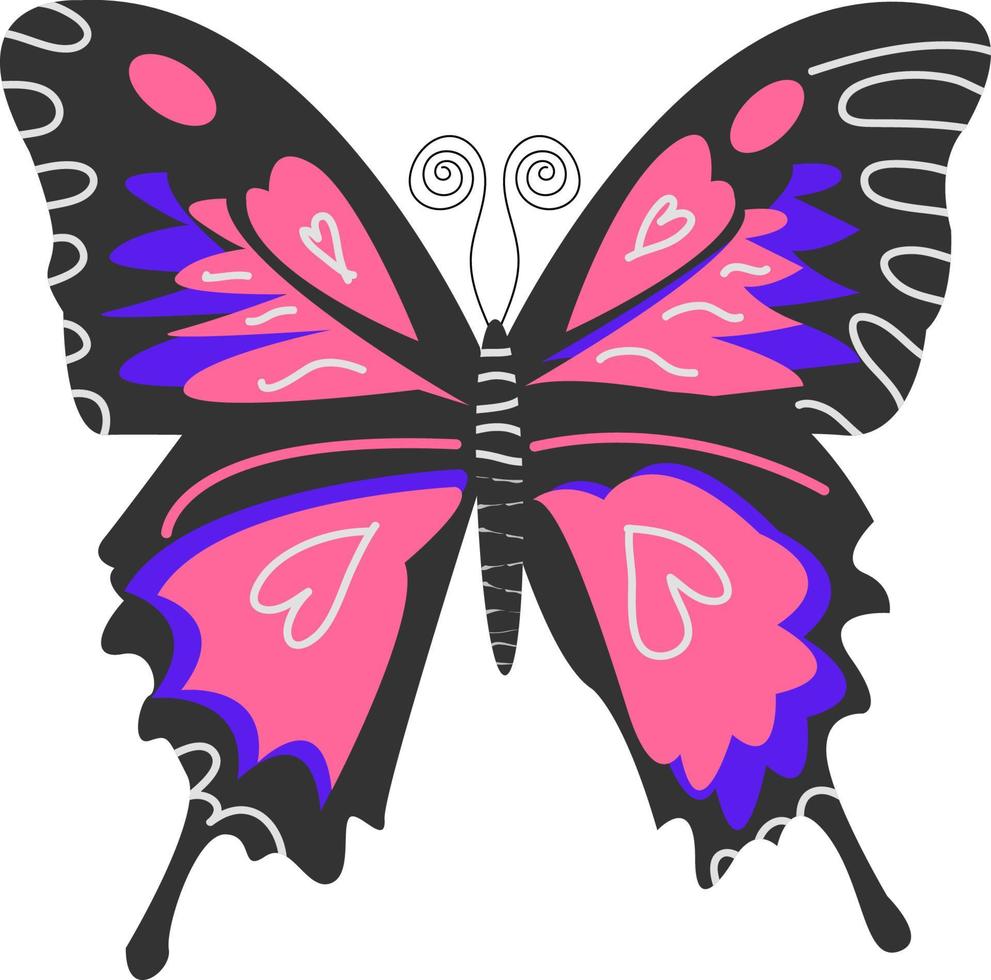 fladderende vlinder geïsoleerd op een witte achtergrond. platte vectorillustratie. een heldere vlinder met grijze vleugels en roze met paarse vlekken erop vector
