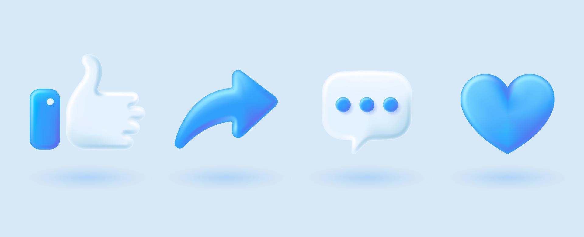 blauwe sociale media icon set duimen, commentaar, delen en liefde 3D-stijl vector