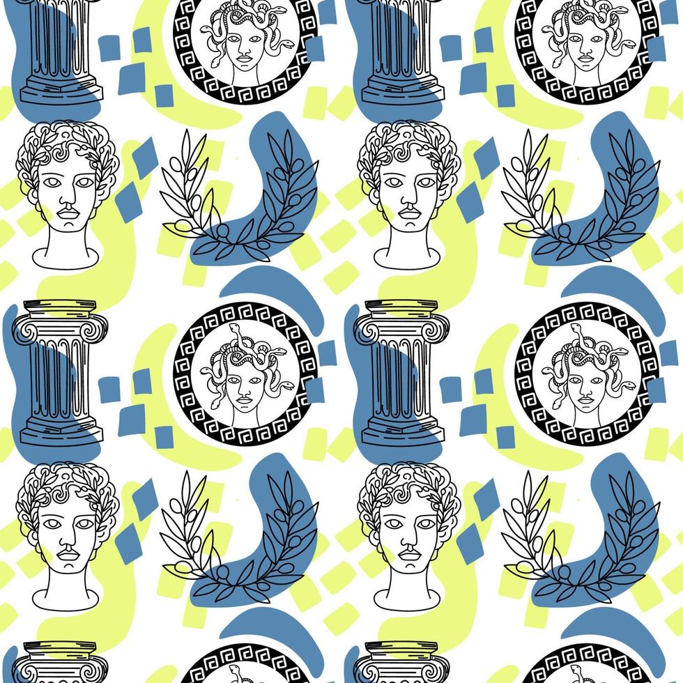 een naadloos patroon van een buste van perseus en een munt met de afbeelding van Medusa Gorgon. handgetekende schets-stijl doodle elementen. de prestatie van perseus. Griekenland. lauwerkrans op witte achtergrond vector