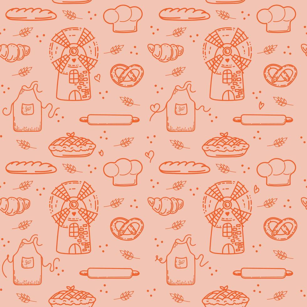 naadloos patroon met molen en gebakken goederen, handgetekende elementen in doodle-stijl. molen, koksmuts, schort, deegroller, brood, croissant en bagel vector