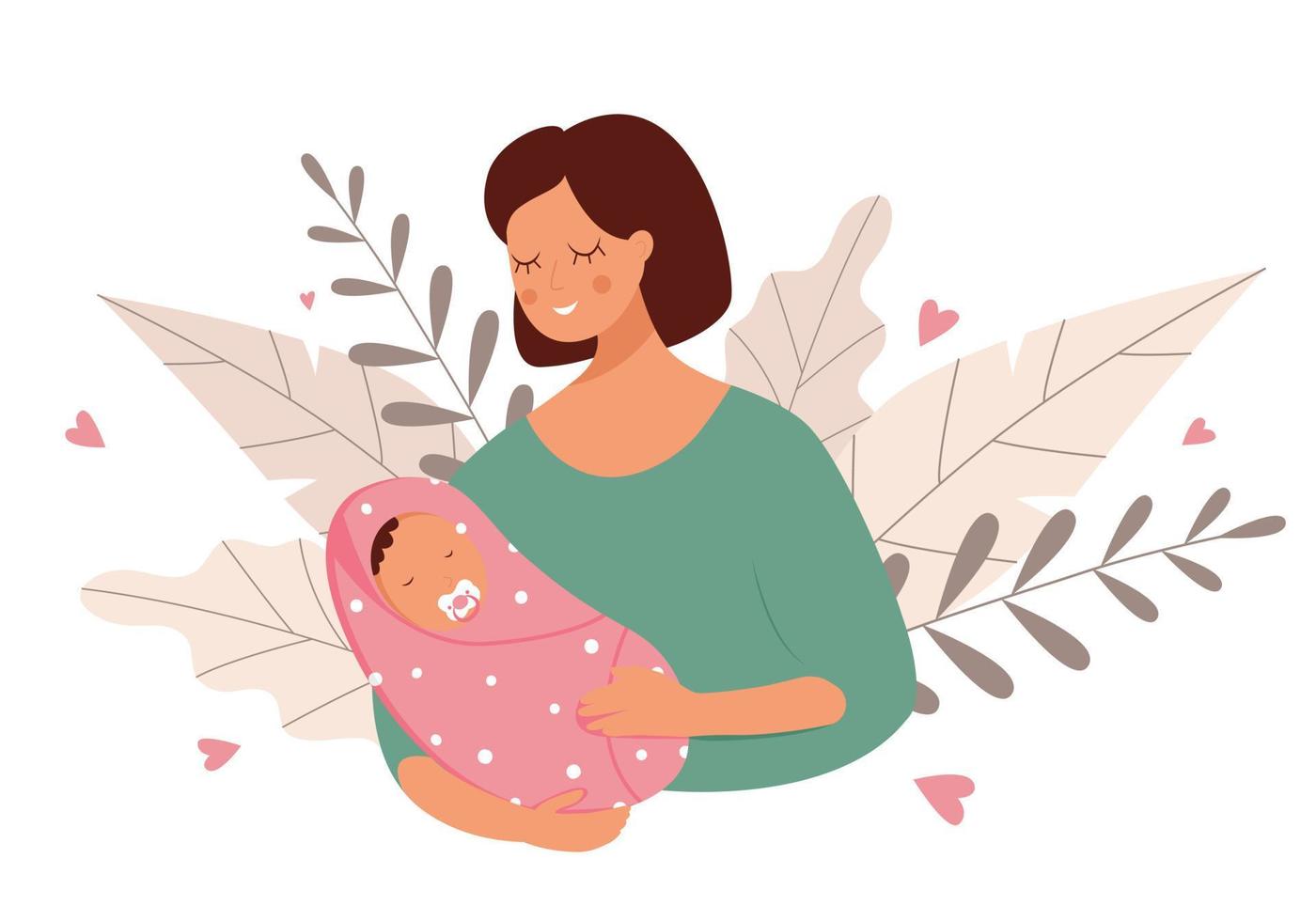 een jonge vrouw met een baby in haar armen in de natuur. een baby in een luier met een fopspeen. vector illustratie