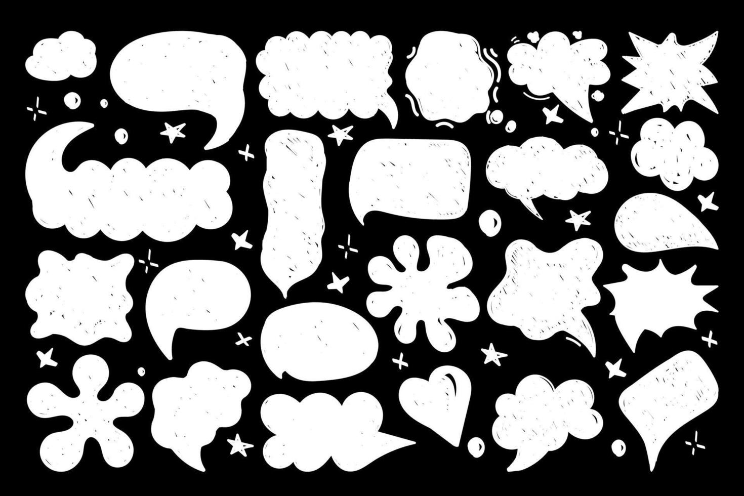 een set tekstballonnen met handgetekende dialoogwoorden in doodle-stijl. verschillende vormen van spraak voor stripfiguren. witte silhouetten op zwarte achtergrond. spraakpatronen. vector illustratie
