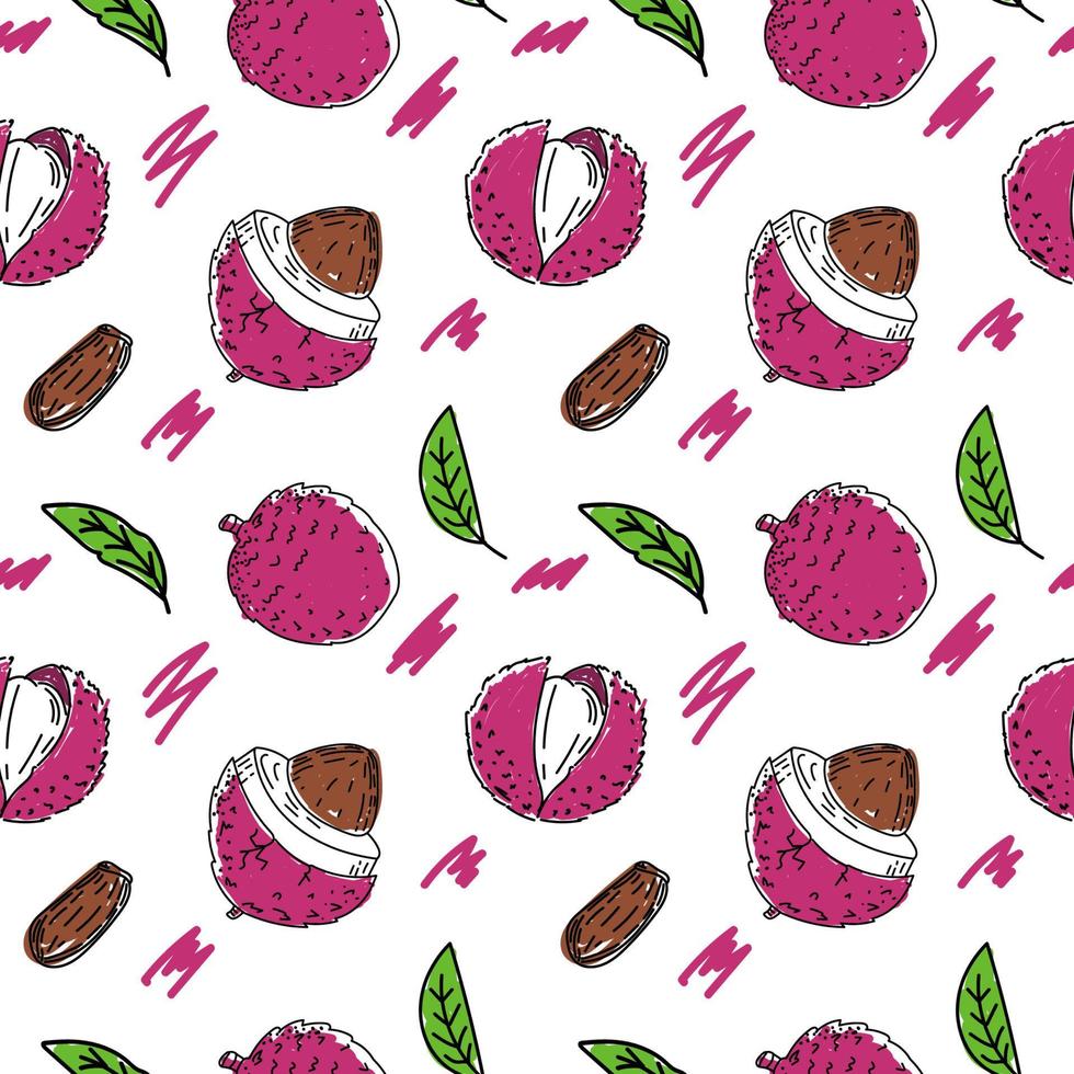 naadloze patroon van exotische lychee fruit handgetekende schets stijl doodle. litchi. fruit en bladeren. fruit. eenvoudige vectorillustratie vector