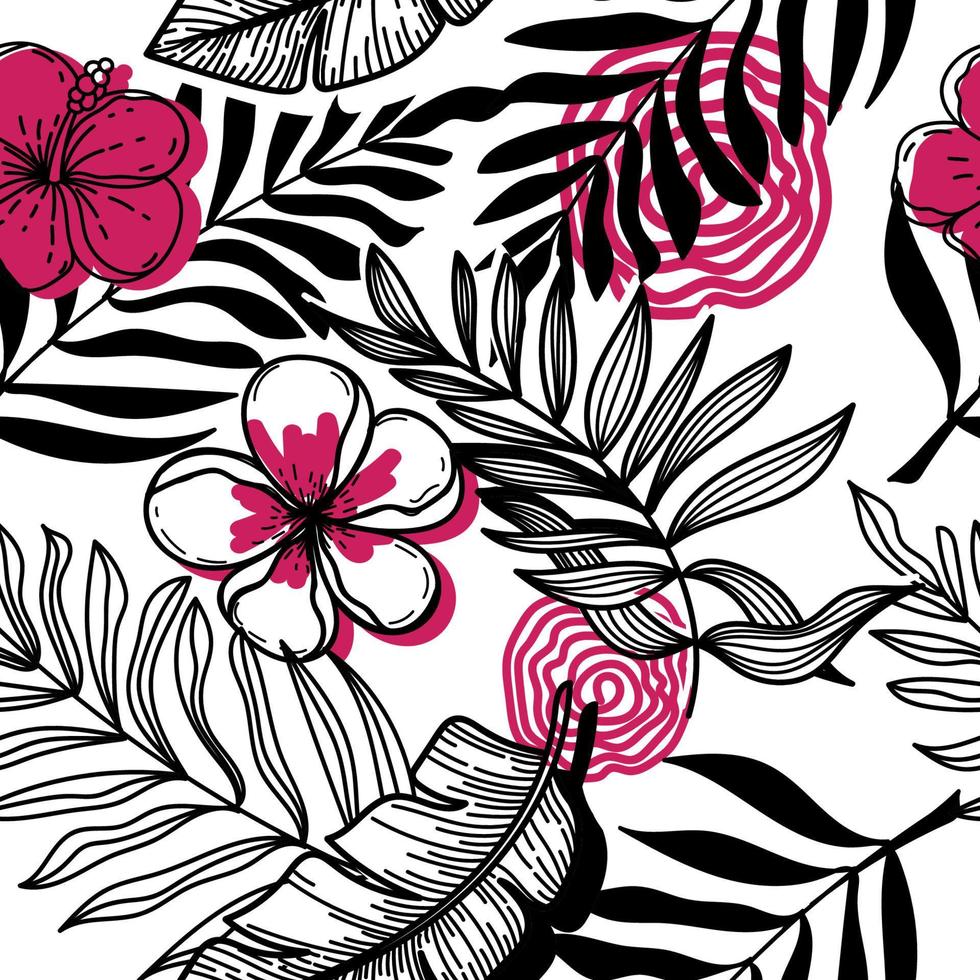 naadloze patroon van abstracte tropische elementen handgetekende in schets stijl. monochroom met rode vlekken. heldere strelitia bloemen, palmbladeren en gebladerte. tropen. zomer. strelicia. geïsoleerde vector