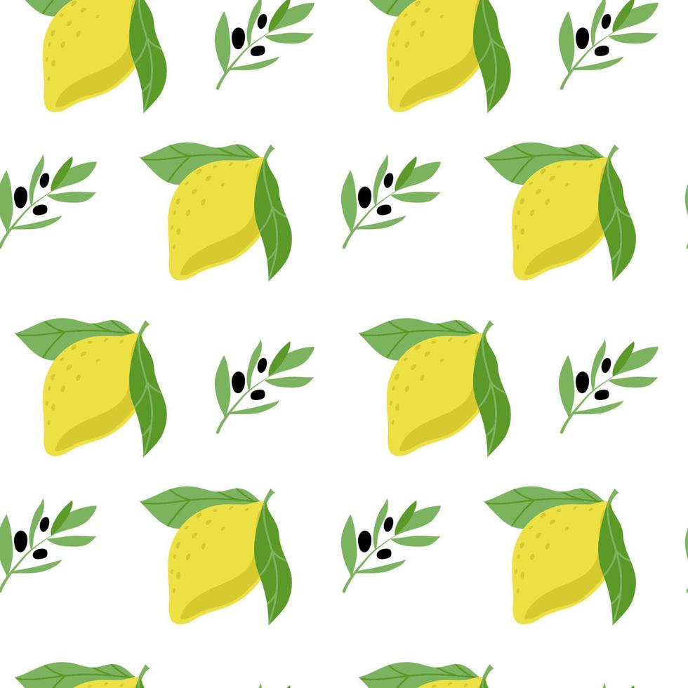 naadloos patroon van citroenen en olijftakjes, getekend met doodle-elementen in schetsstijl. olijf met bessen en citroen fruit op witte achtergrond. olijven vector