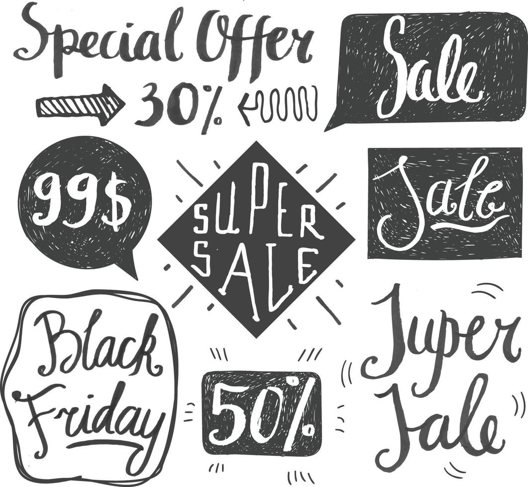 verkoop hand belettering. winkelkorting, verkooptags in grunge-stijl, banners. zwart en wit vector