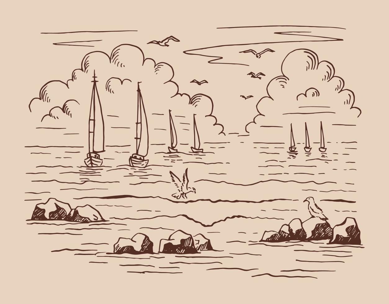 zeegezicht. landschap, zee, zeilboot, rotsen, meeuwen. hand getekende vectorillustratie. vector