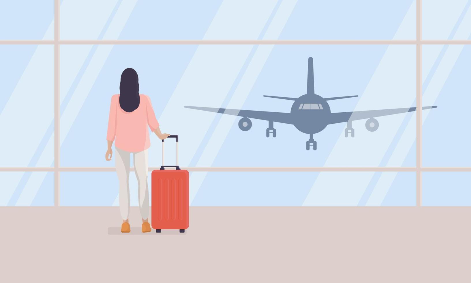 vrouw op de luchthaven. aantrekkelijke jonge vrouw met handbagage in de lege wachtruimte van de luchthaventerminal kijkt uit het raam naar het opstijgende vliegtuig. concept van vakantie of zakenreis vector