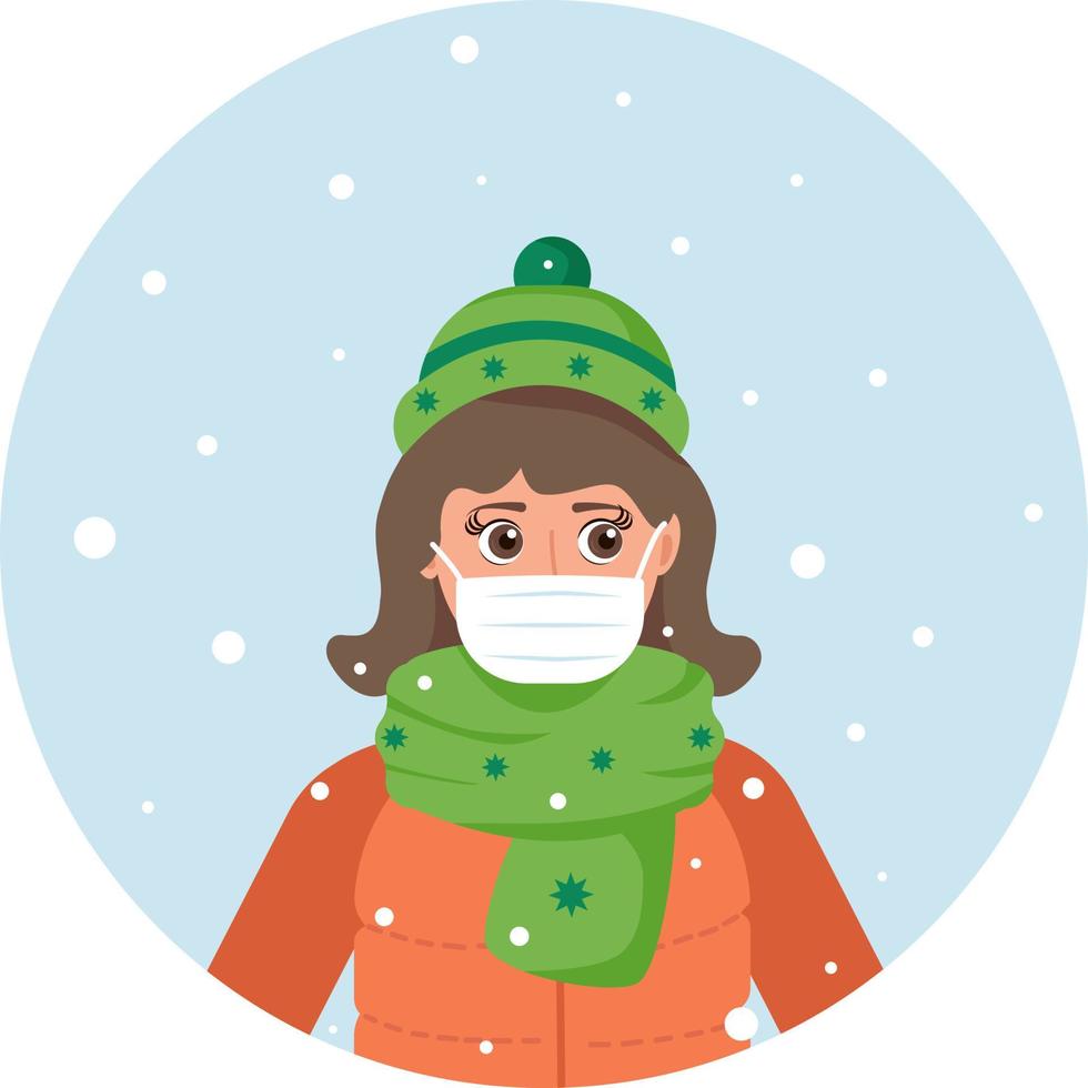 meisje in winterkleren en medisch masker. avatar op winter achtergrond. maskermodus en sociale afstand, pandemie, covid-19 vector