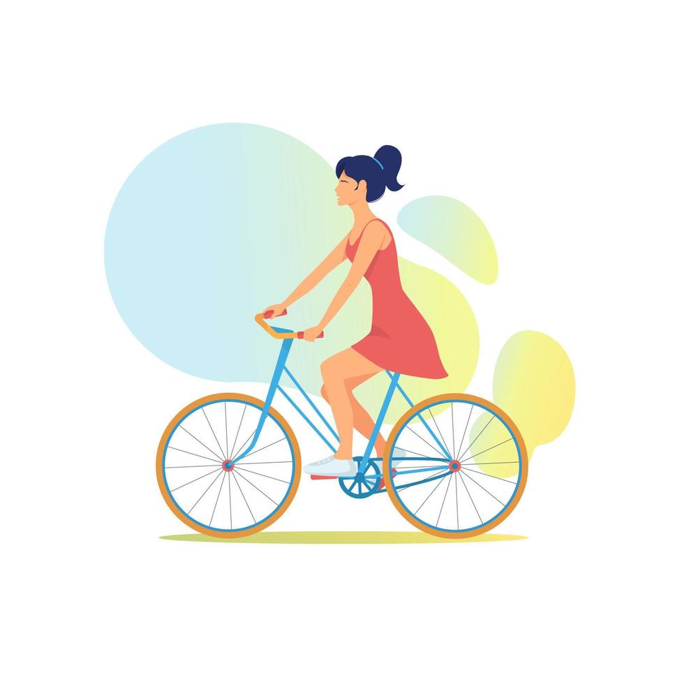 mooi meisje in zomerjurk rijdt veelkleurige fiets. slanke jonge vrouw pedalen op heldere fiets. schattige vrouwelijke fietser. zomer, warme dag, rust vector