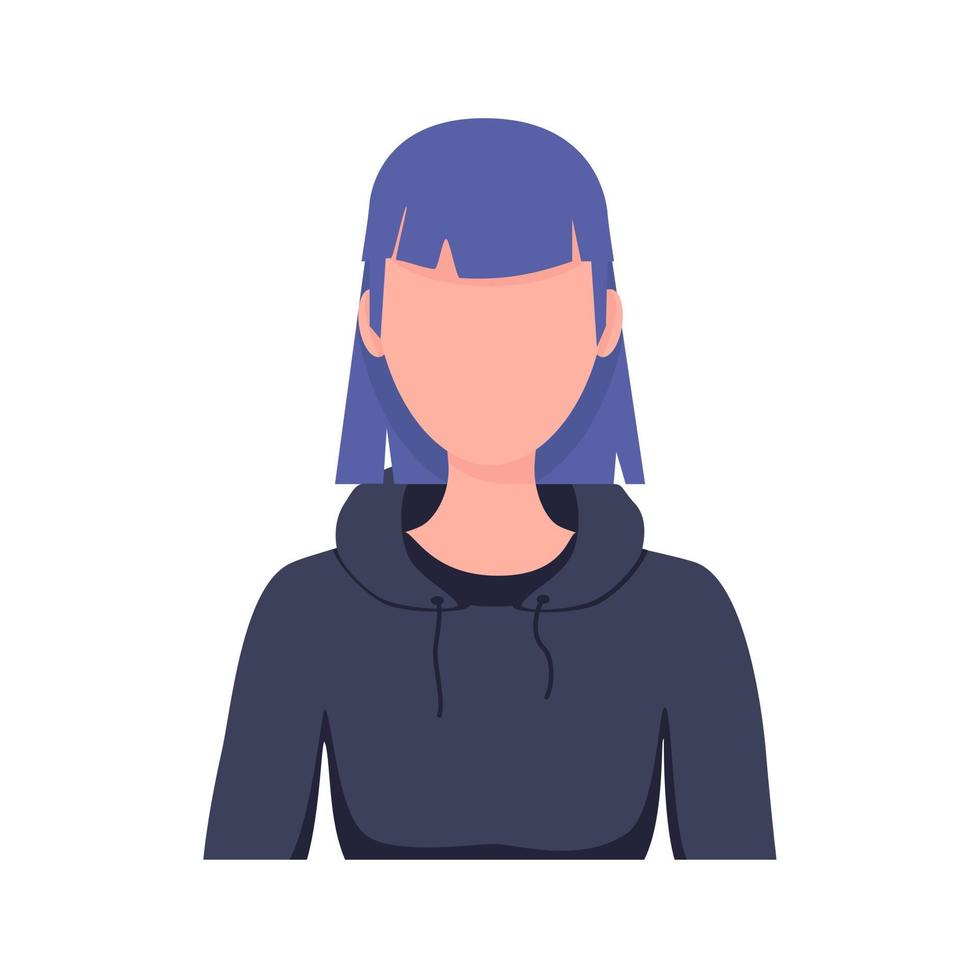 portret van meisje met modieus kapsel, geïsoleerd op een witte achtergrond. portret van jonge vrouw zonder gezicht met paars haar in hoodie met capuchon. avatar voor sociaal netwerk vector