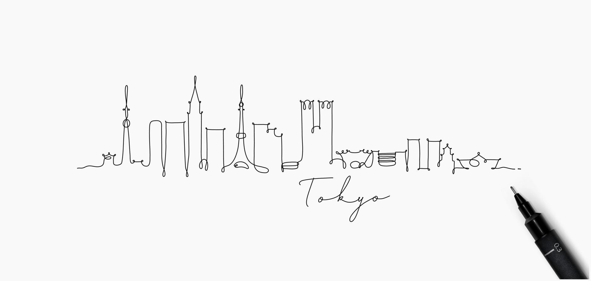 stad silhouet tokyo in pen lijnstijl tekening met zwarte lijnen op witte achtergrond vector