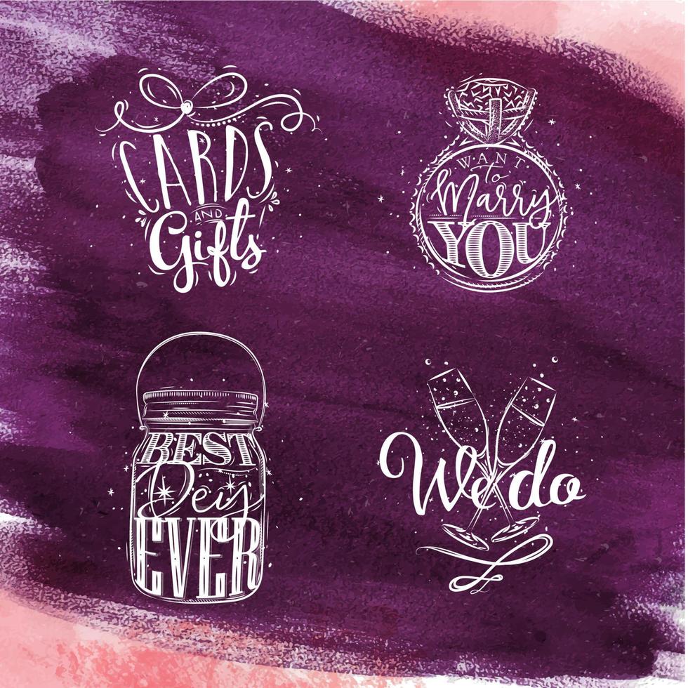 huwelijkssymbolen belettering kaarten en geschenken, wil met je trouwen, beste dag ooit, we tekenen op violette aquarel vector