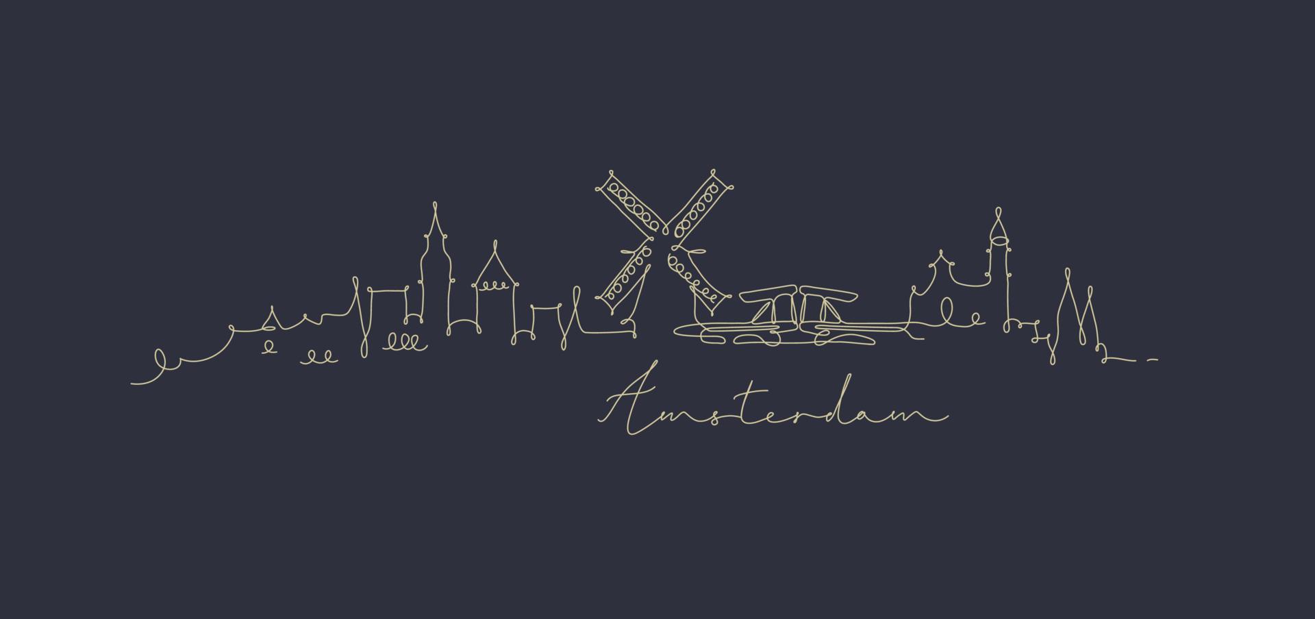 stadssilhouet amsterdam in penlijnstijl tekenen met beige lijnen op donkerblauwe achtergrond vector