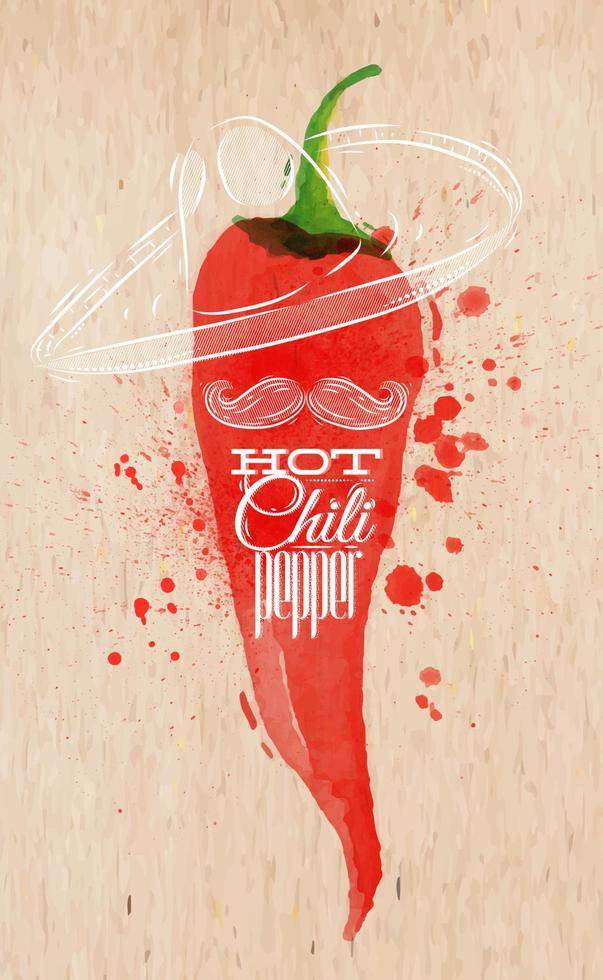 poster met rode aquarel chili peper belettering hot chili peper vector