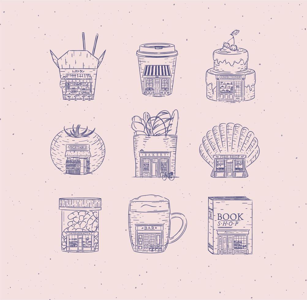 set storefront zoetwaren, koffie, bakkerij, groente, boek, Aziatisch eten, apotheek, bar, viswinkel tekening in vintage stijl met blauwe lijnen vector