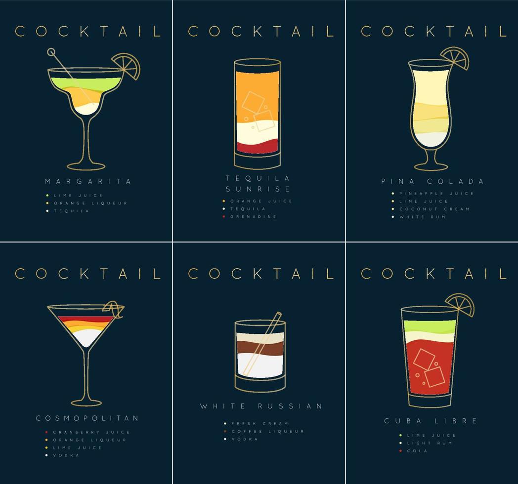 set van platte cocktail posters margarita, tequila zonsopgang, pina colada, kosmopolitisch, wit russisch, cuba libre tekening op donkerblauwe achtergrond vector