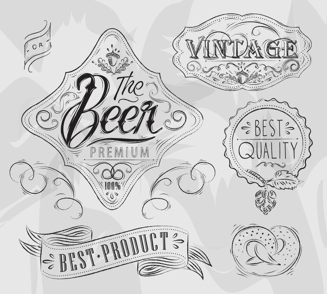 vintage bierelementen tekenen met kolen op grijze achtergrond vector