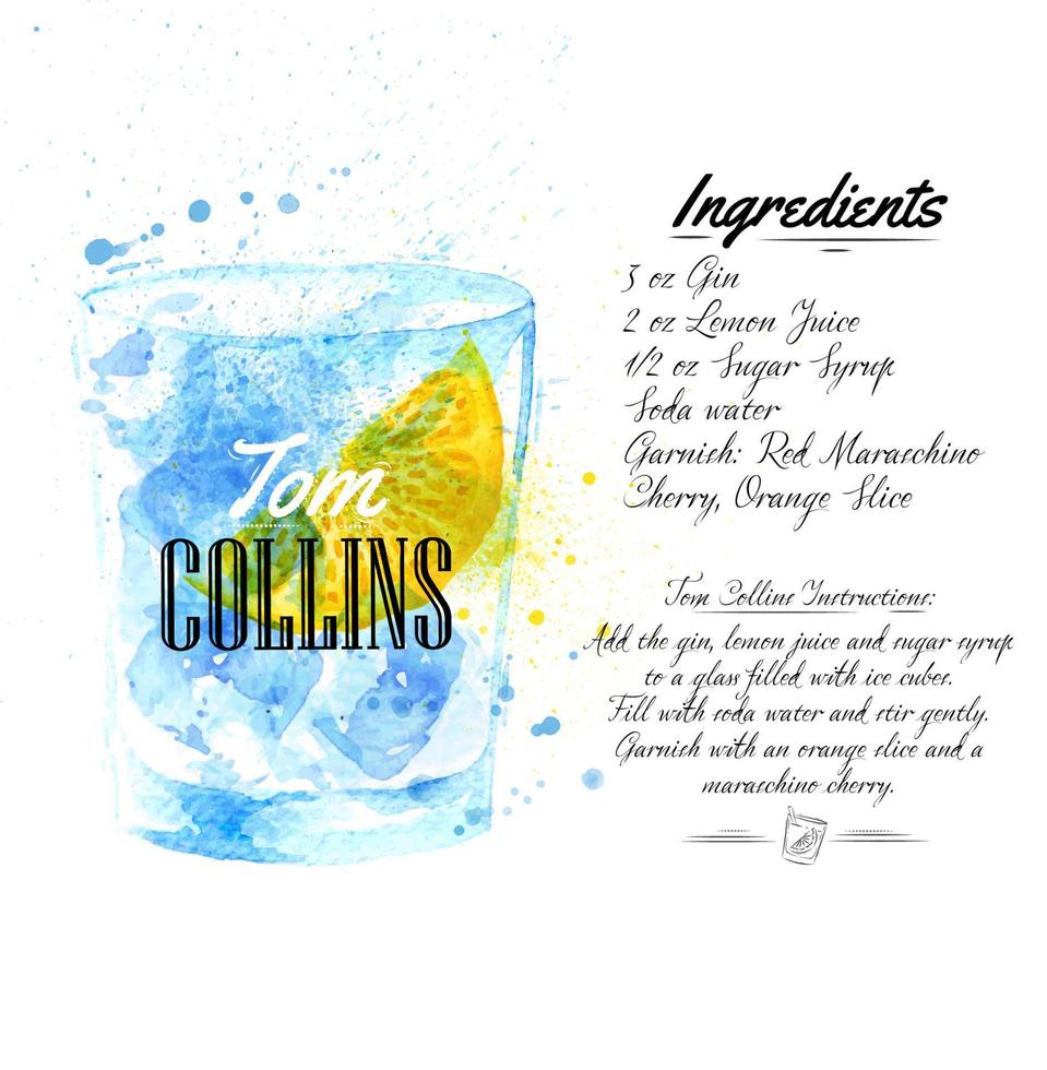 tom collins cocktails getekende aquarel vlekken en vlekken met een spray, inclusief recepten en ingrediënten op de achtergrond van verfrommeld papier vector