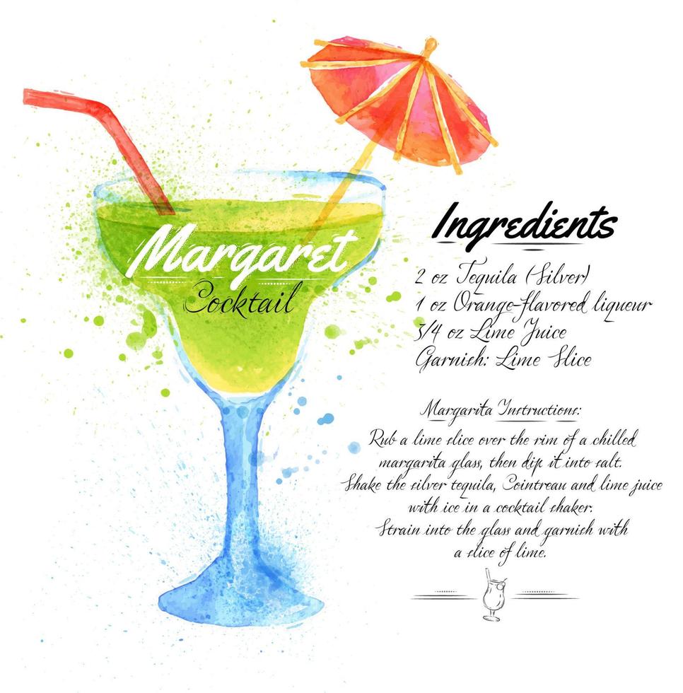 margaret cocktails getekende aquarel vlekken en vlekken met een spray, inclusief recepten en ingrediënten vector