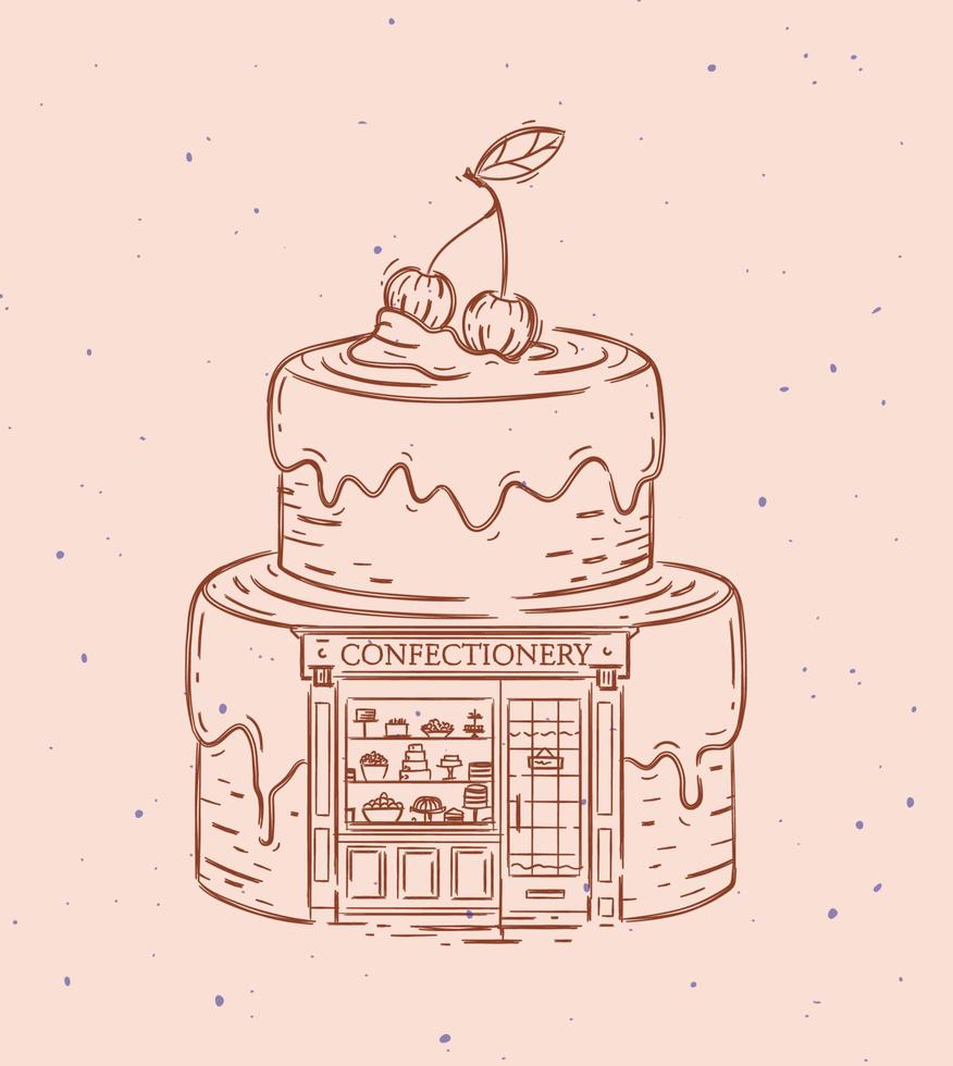 cake een etalage van zoetwaren tekening in vintage stijl op perzik kleur achtergrond vector