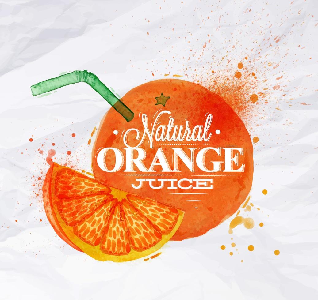 poster met oranje aquarel oranje belettering natuurlijk sinaasappelsap vector