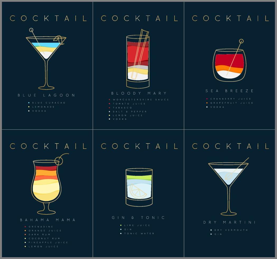 set van platte cocktailposters blauwe lagune, bloody mary, zeebries, gin-tonic, droge martini tekening op donkerblauwe achtergrond vector