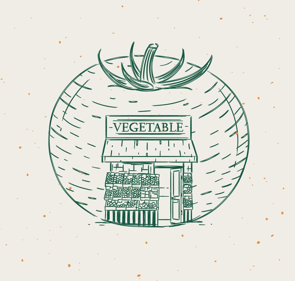 tomaat groente een etalage van supermarkt tekening in vintage stijl op beige achtergrond vector