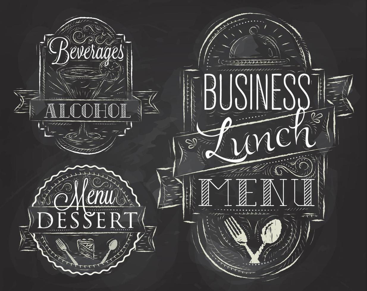 elementen op het thema van de zakenlunch van het restaurant gestileerd een krijttekening op een schoolbord in een retrostijl vector