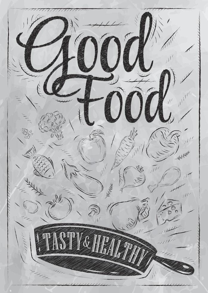poster lekker eten met koekenpan waarin de producten vliegen gestileerde tekening met kolen op blackboard. vector