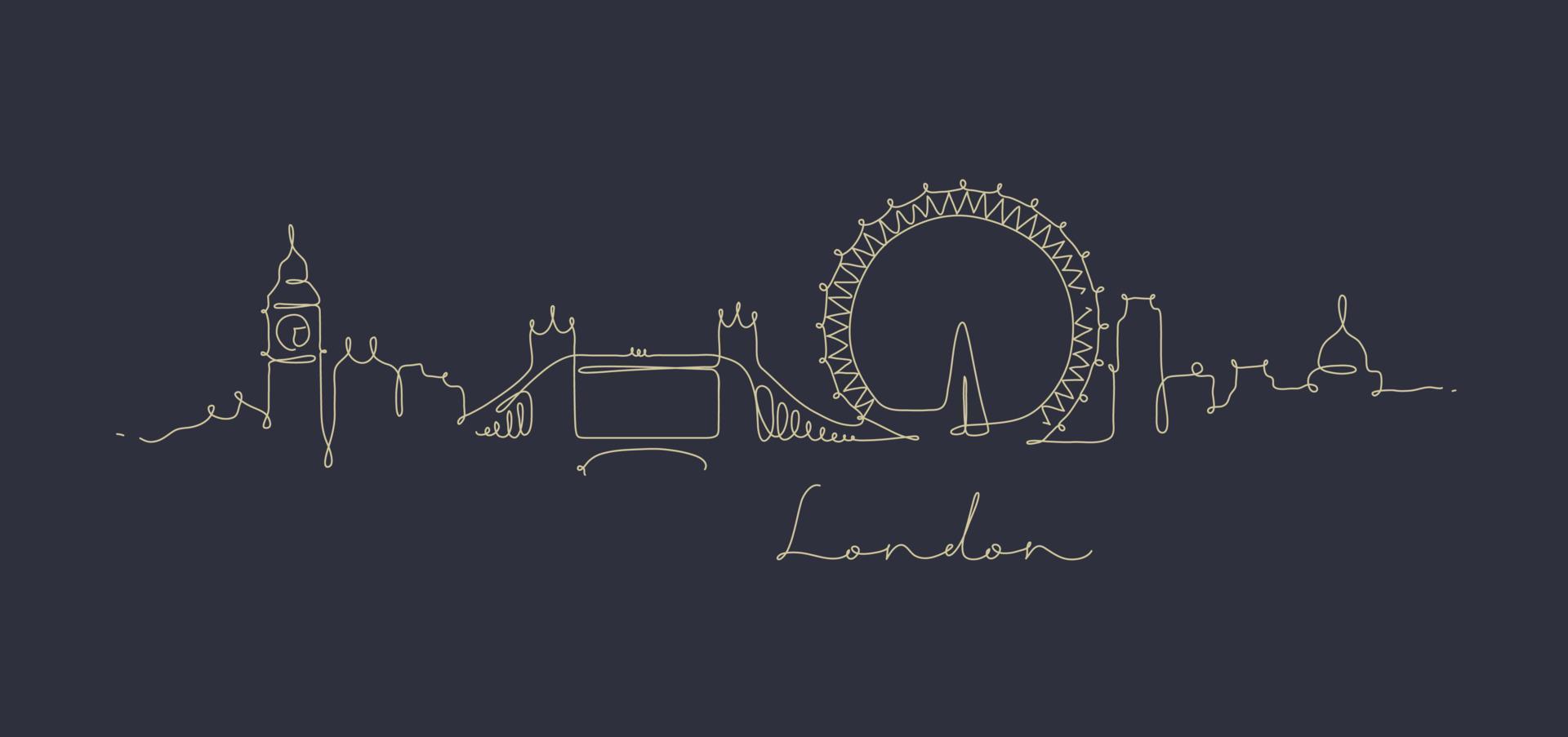 stadssilhouet Londen in de stijl van de penlijntekening met beige lijnen op donkerblauwe achtergrond vector