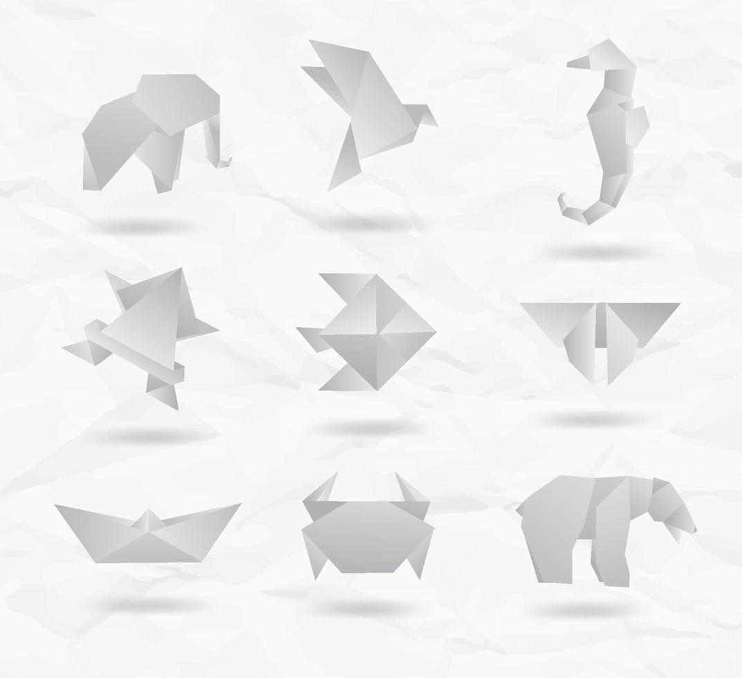 set van witte origami dieren symbolen van papier olifant, vogel, zeepaardje, vis, vlinder, beer, krab, vis vector