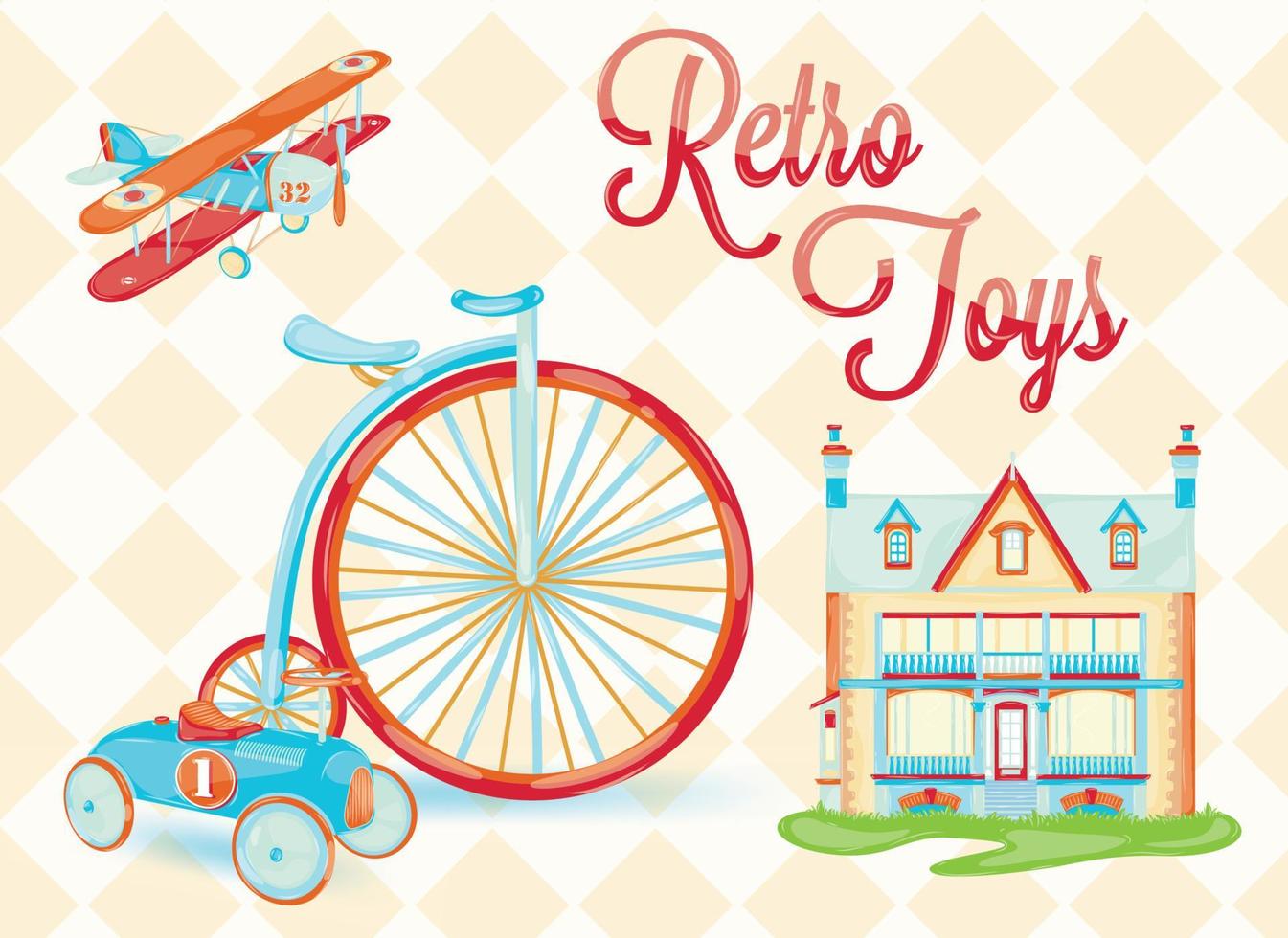 retro speelgoed poppenhuis, fiets, auto, vliegtuig, stoel, gestileerd vintage speelgoed, baby met de achtergrond van ruiten vector