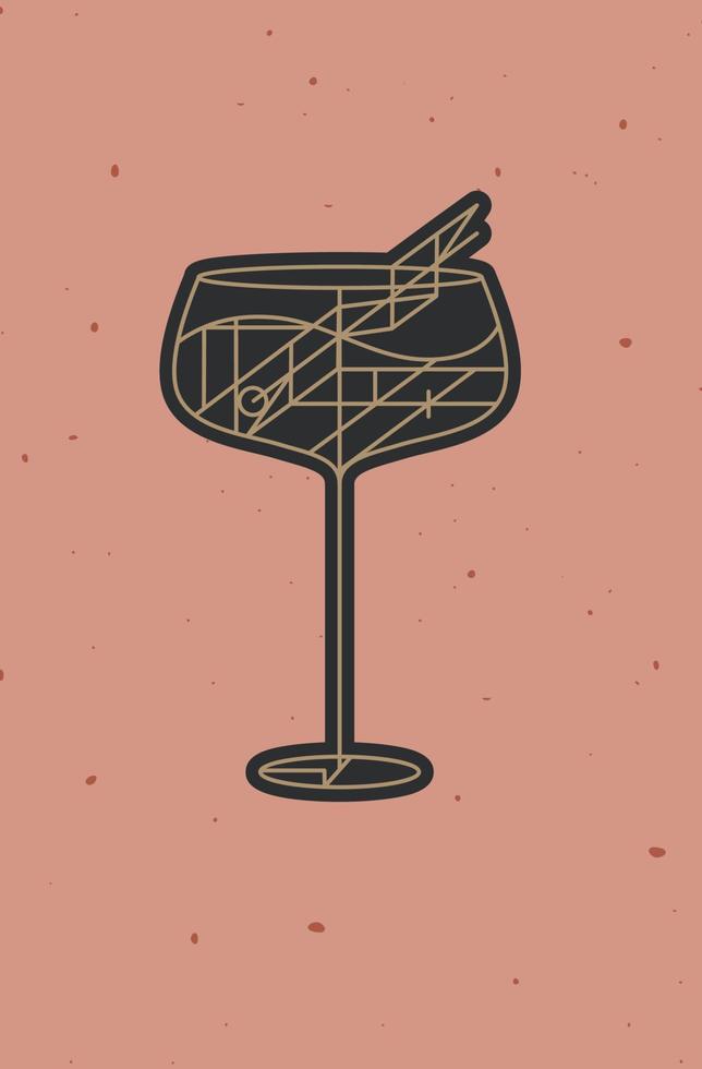 art deco cocktail cuba libre tekening in lijnstijl op poeder koraal achtergrond vector