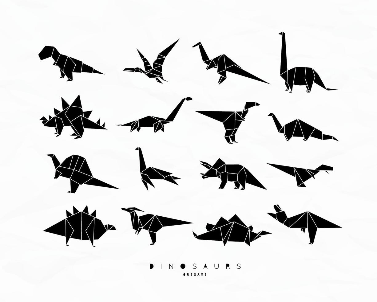 set van dinosaurussen in platte origami stijl tyrannosaurus, pterodactyl, barosaurus, stegosaurus, deinonychus, euoplocephalus, triceratops, jurassic, diplodocus, brachiosaurus op witte achtergrond vector