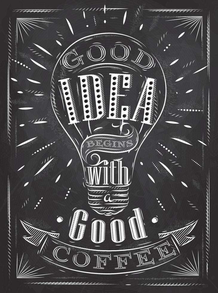 poster goed idee begint met een goede koffie in retro-stijl gestileerde tekening met krijt op blackboard. vector