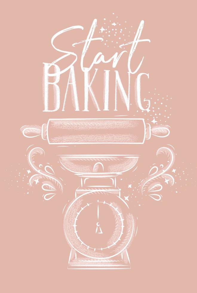 poster met geïllustreerde belettering van banketbakkerij begint met bakken in de hand tekenstijl op roze achtergrond. vector